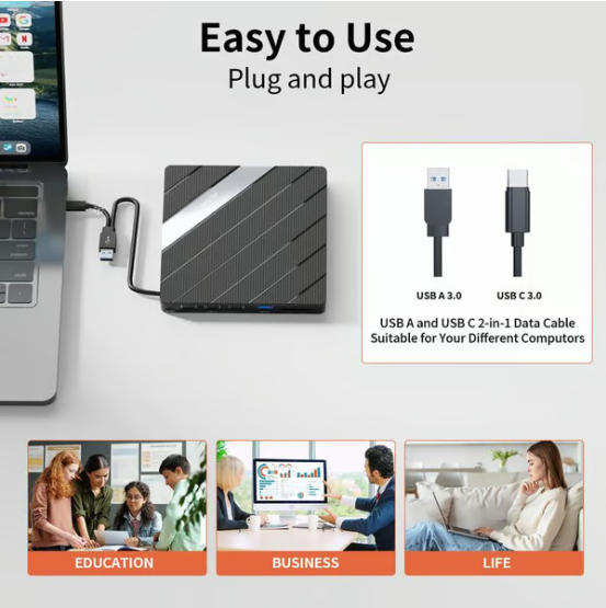Laptop Dvd Player Usb C 3.0 Portable Cd Burner With Sd/tf Card Slot & 3 Usb Ports Compatible With Mac, Windows, Linux