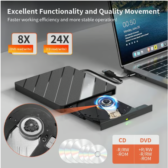 Laptop Dvd Player Usb C 3.0 Portable Cd Burner With Sd/tf Card Slot & 3 Usb Ports Compatible With Mac, Windows, Linux