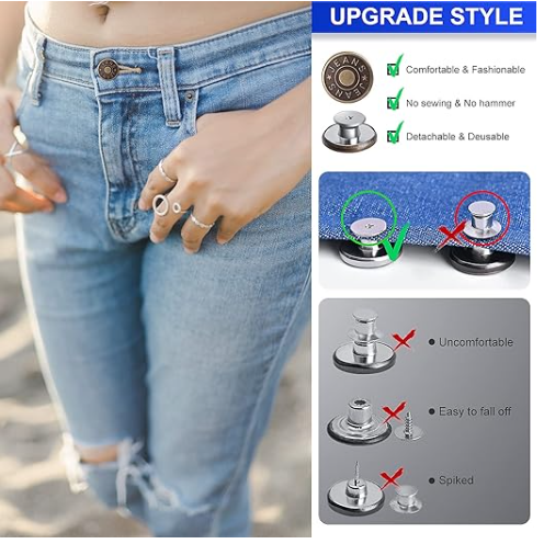 Adjustable Buttons For Jeans, 20mm No Sew Instant Metal Buttons, Removable Jean Buttons Replacement Repair Kit With Threads Rivets And Screwdriver