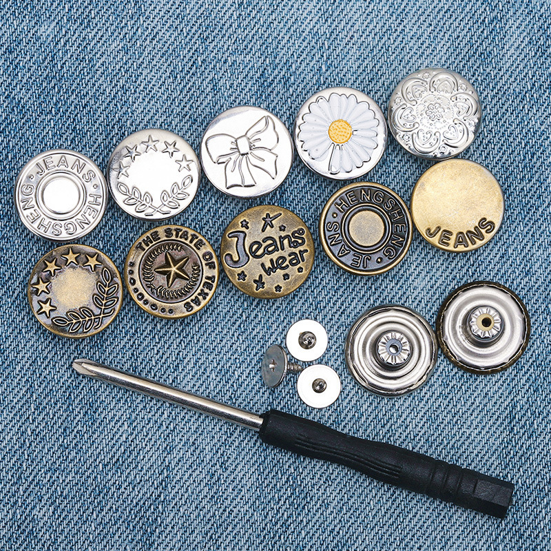 20mm Adjustable No-Sew Metal Jeans Buttons Kit – Includes Rivets, Threads & Screwdriver