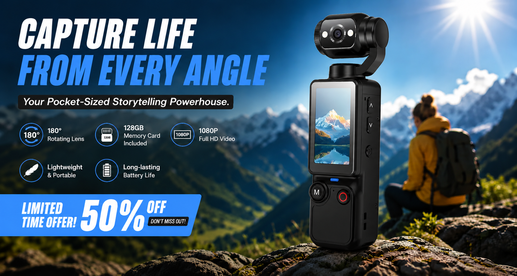 🎥 Upgraded Vlogging Camera – 180° Rotating Lens, Full-Body Video Recorder for Travel, Daily Life & Content Creation