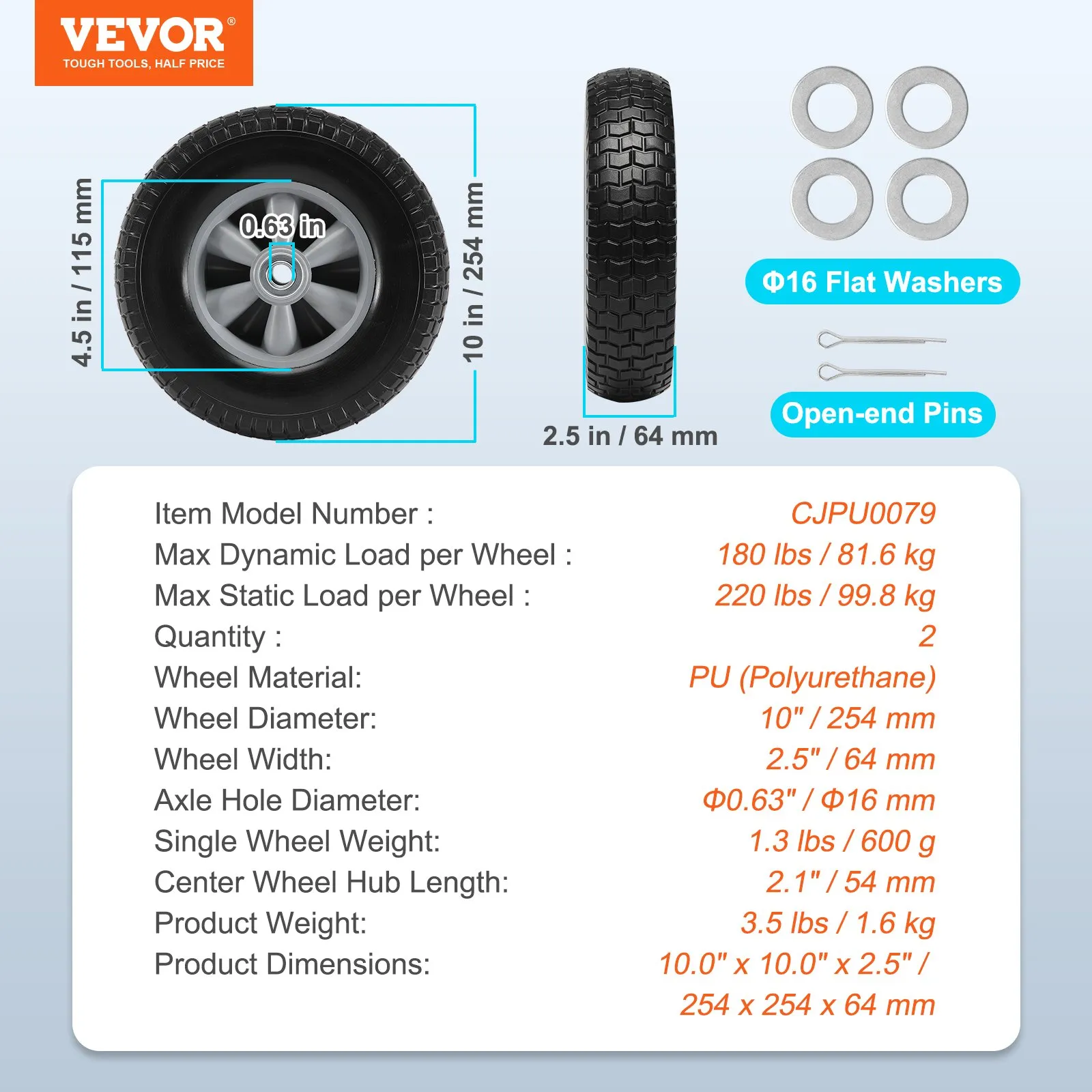 🔥 Today Only 50% OFF — 10" Solid PU Run-Flat Tire Wheels (2-Pack), Flat-Free Heavy Duty Cart Wheels