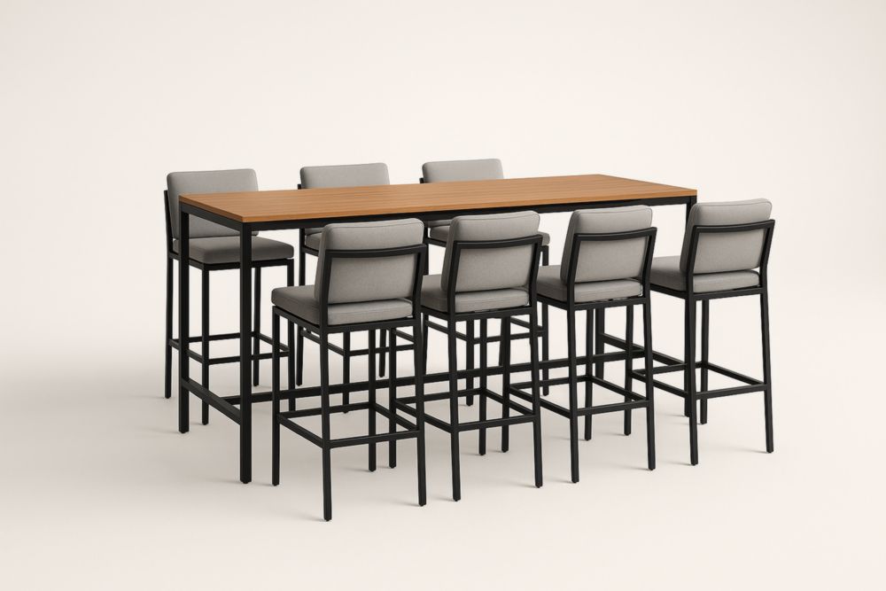 Ensemble de table haute et 7 chaises en métal noir et bois brun