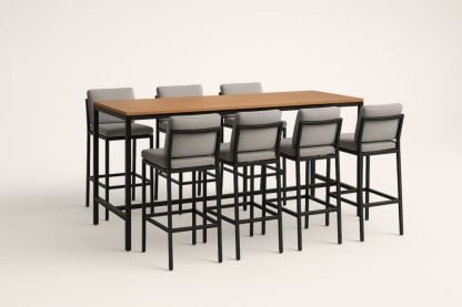 Ensemble de table haute et 7 chaises en métal noir et bois brun