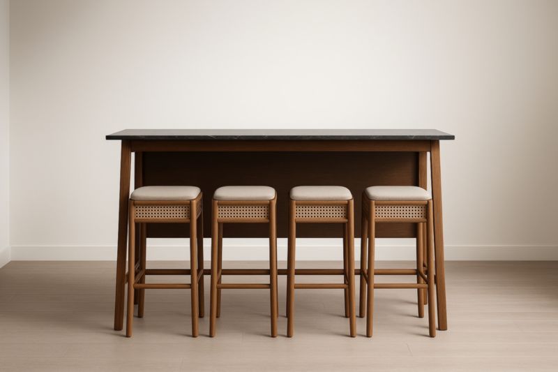 Table haute en bois et tabourets en rotin et polyester 150x60x90 cm