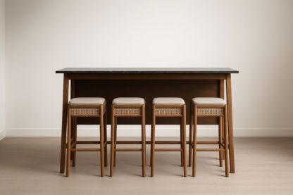 Table haute en bois et tabourets en rotin et polyester 150x60x90 cm