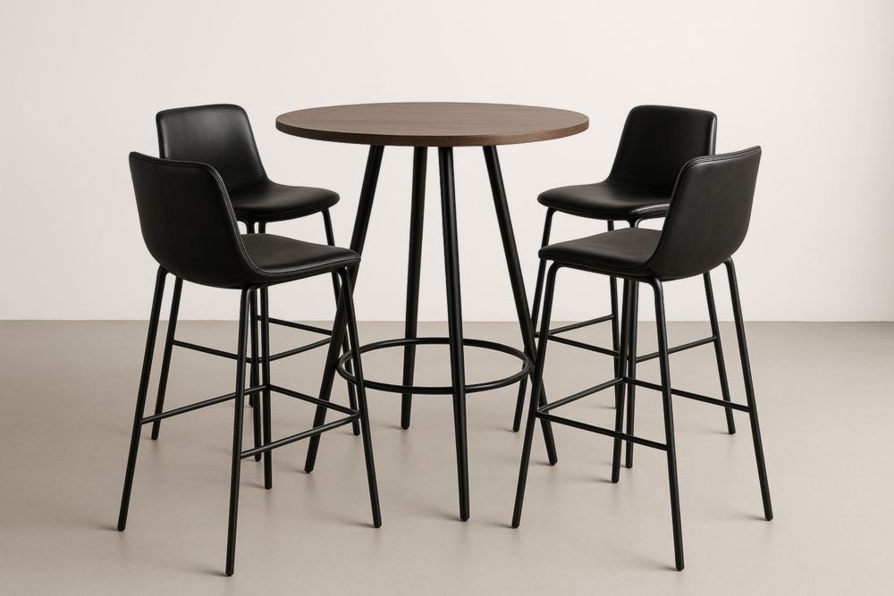 Table haute ronde en bois brun et métal noir avec 4 chaises noires