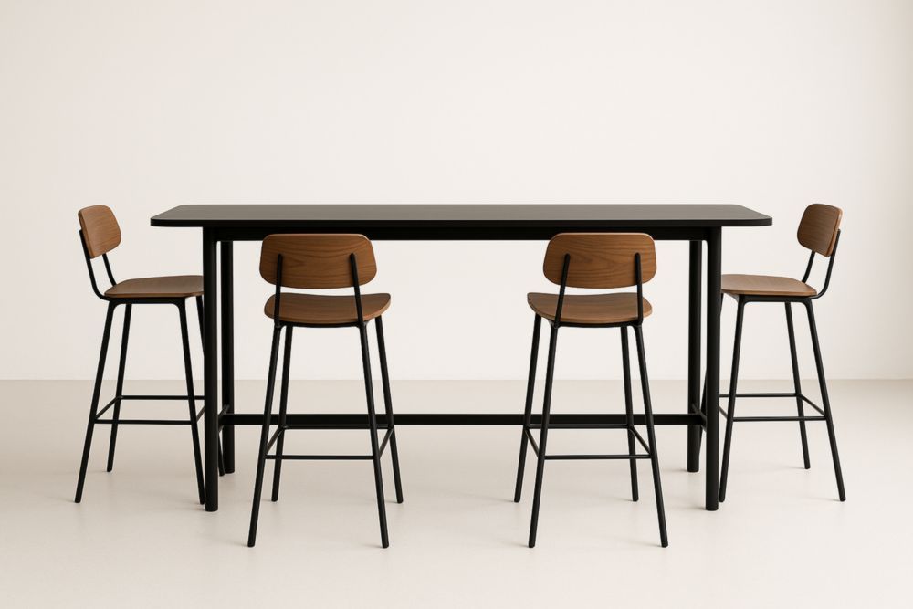 Ensemble table haute et 4 chaises en contreplaqué et acier