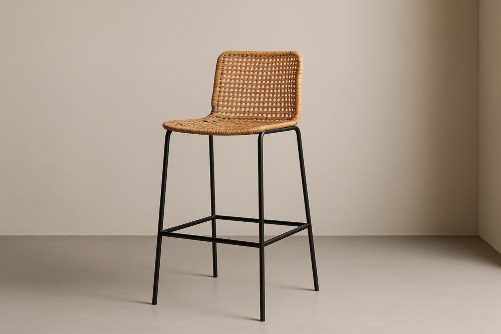 Tabouret Haut Rotin Acier Noir