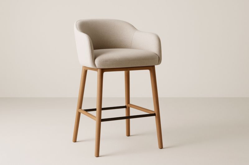 Tabouret de bar 105 cm en hêtre massif avec repose-pieds en acier et assise rembourrée en tissu polyester beige