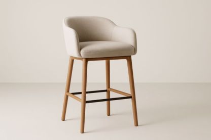 Tabouret de bar 105 cm en hêtre massif avec repose-pieds en acier et assise rembourrée en tissu polyester beige