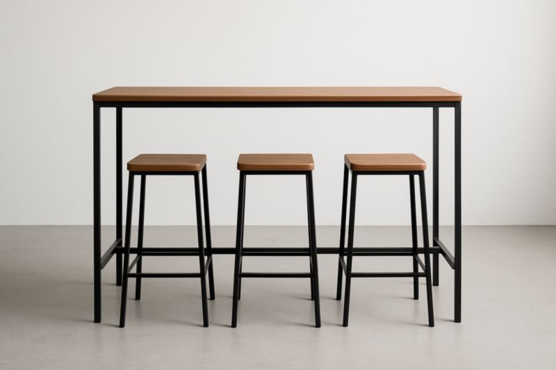 Table haute rectangulaire avec tabourets en bois et métal noir