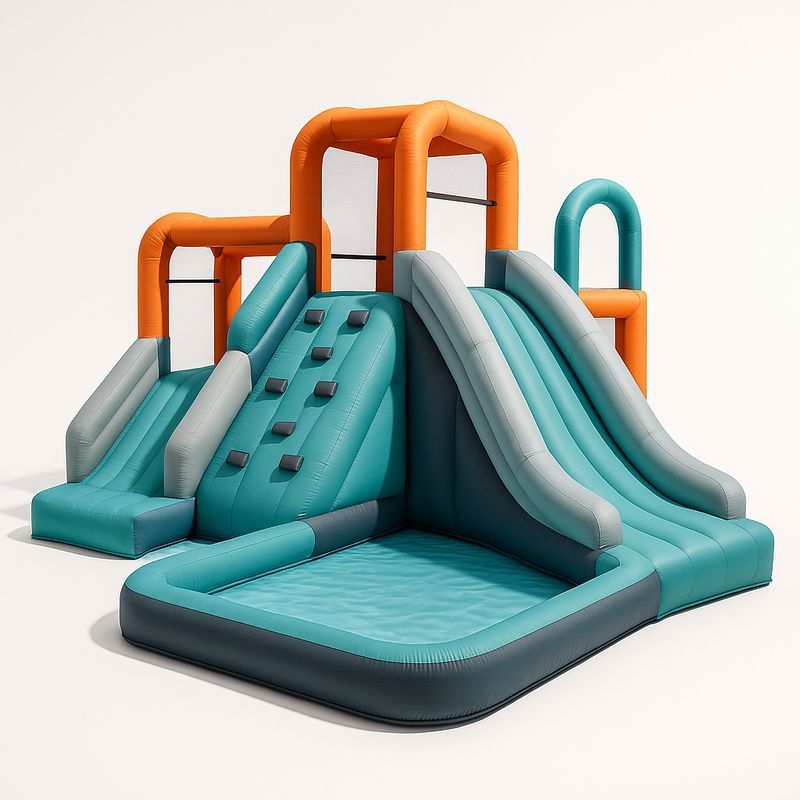 Aufblasbare PVC Wasserrutsche mit Kletterwand und Planschbecken 400 x 350 x 230 cm Orange/Blau