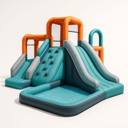 Aufblasbare PVC Wasserrutsche mit Kletterwand und Planschbecken 400 x 350 x 230 cm Orange/Blau