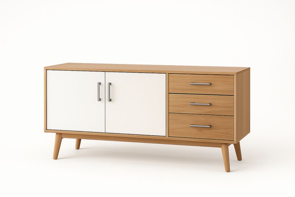 Buffet en Bois Clair et Blanc avec Portes et Tiroirs