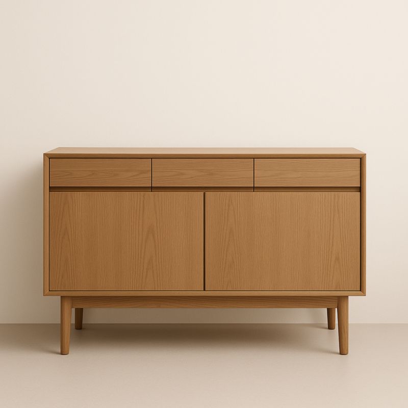 Buffet rectangulaire en bois clair 2 portes 3 tiroirs 120x40x80 cm