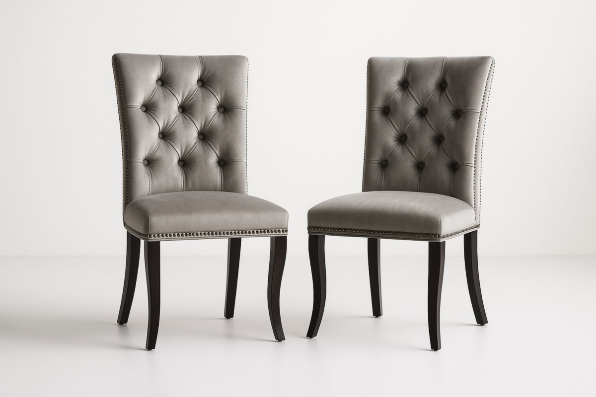 Set di Sedie in Velluto Grigio con Gambe in Legno