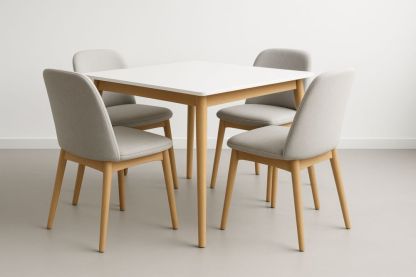 Set Tavolo in MDF Bianco con 4 Sedie in Poliestere Grigio Chiaro e Gambe in Rovere