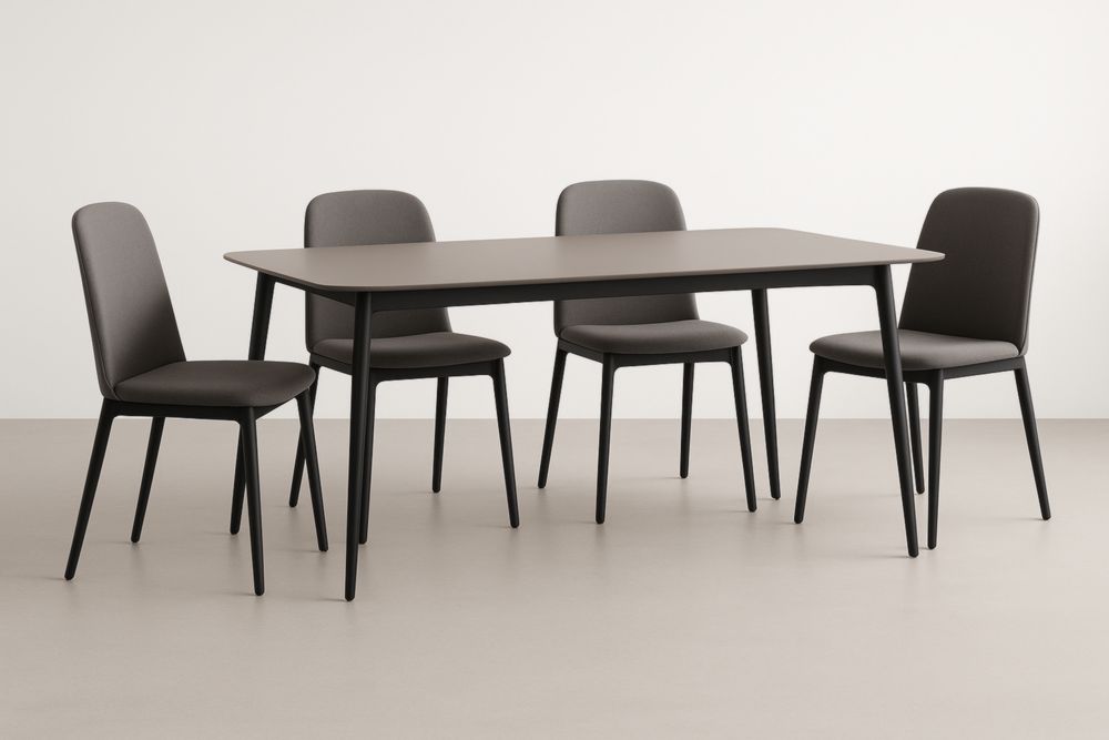 Set tavolo rettangolare e 4 sedie in metallo nero e tessuto grigio