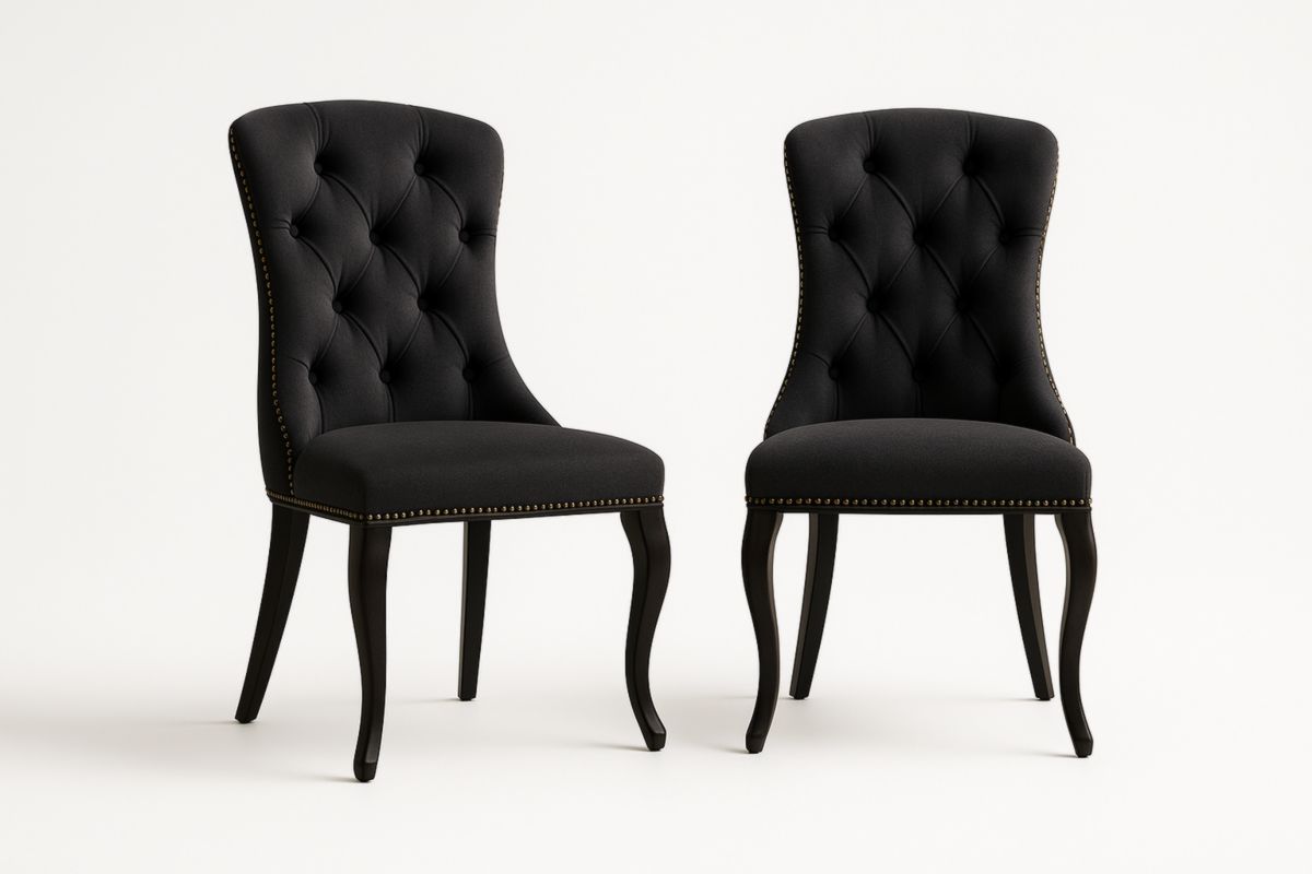 Set di 2 Sedie da Pranzo in Tessuto Nero con Gambe in Legno