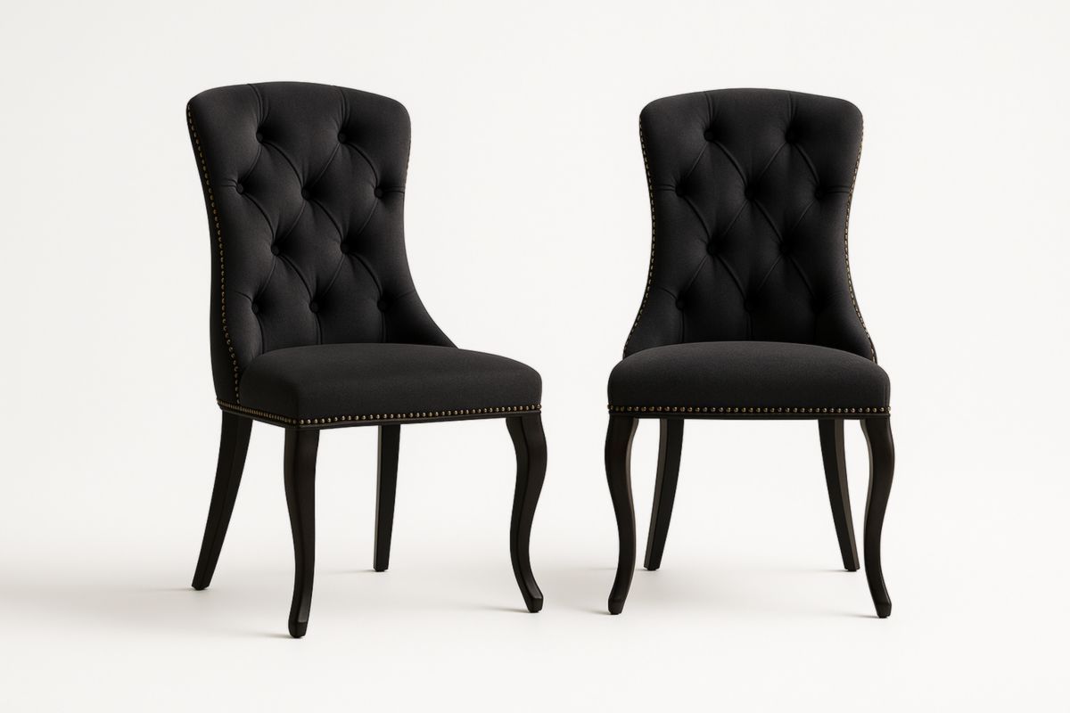 Set di 2 Sedie da Pranzo in Tessuto Nero con Gambe in Legno