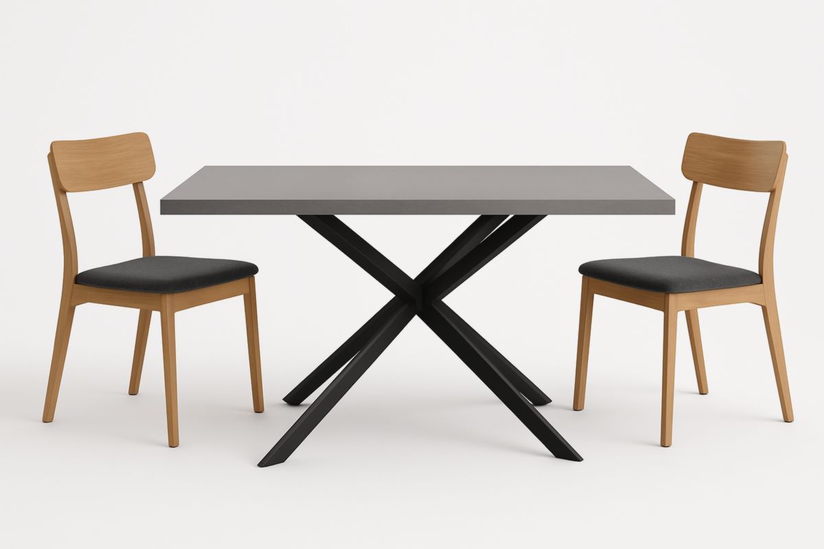 Set tavolo rettangolare in MDF e sedie in legno imbottite