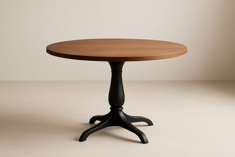 Tavolo rotondo con piano in legno e base in metallo, diametro 120 cm