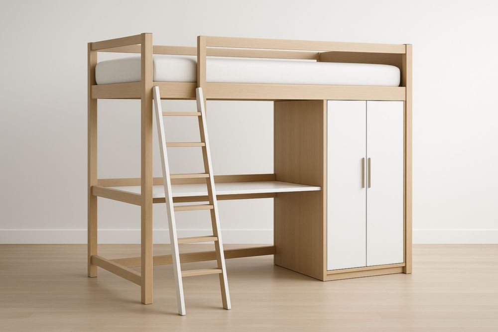 Letto a Soppalco con Armadio e Scrivania in Rovere e Bianco, Con materasso