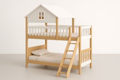 Letto a Castello per Bambini in Legno e MDF con Scala e Casetta Bianca