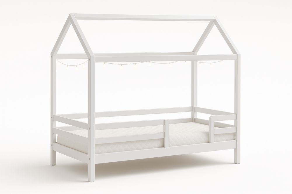 Letto per bambini a forma di casetta in legno massello bianco 160x80x145 cm, Senza materasso