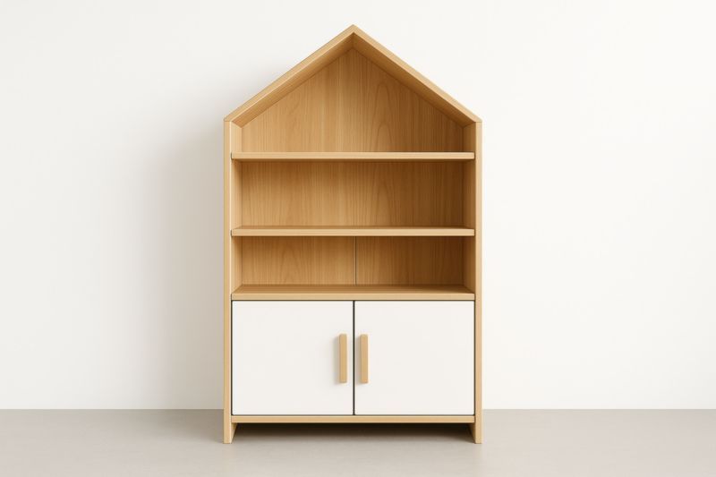 Armadio a forma di casetta, realizzato in MDF, disponibile nei colori legno naturale e bianco.