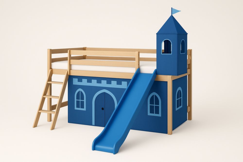 Letto a castello per bambini in legno massello con tessuto blu e scivolo, Senza materasso, Senza materasso