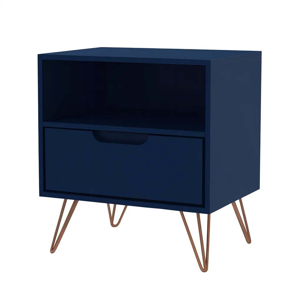 Table de chevet en bois bleu avec tiroir et pieds métalliques-Sofinixx