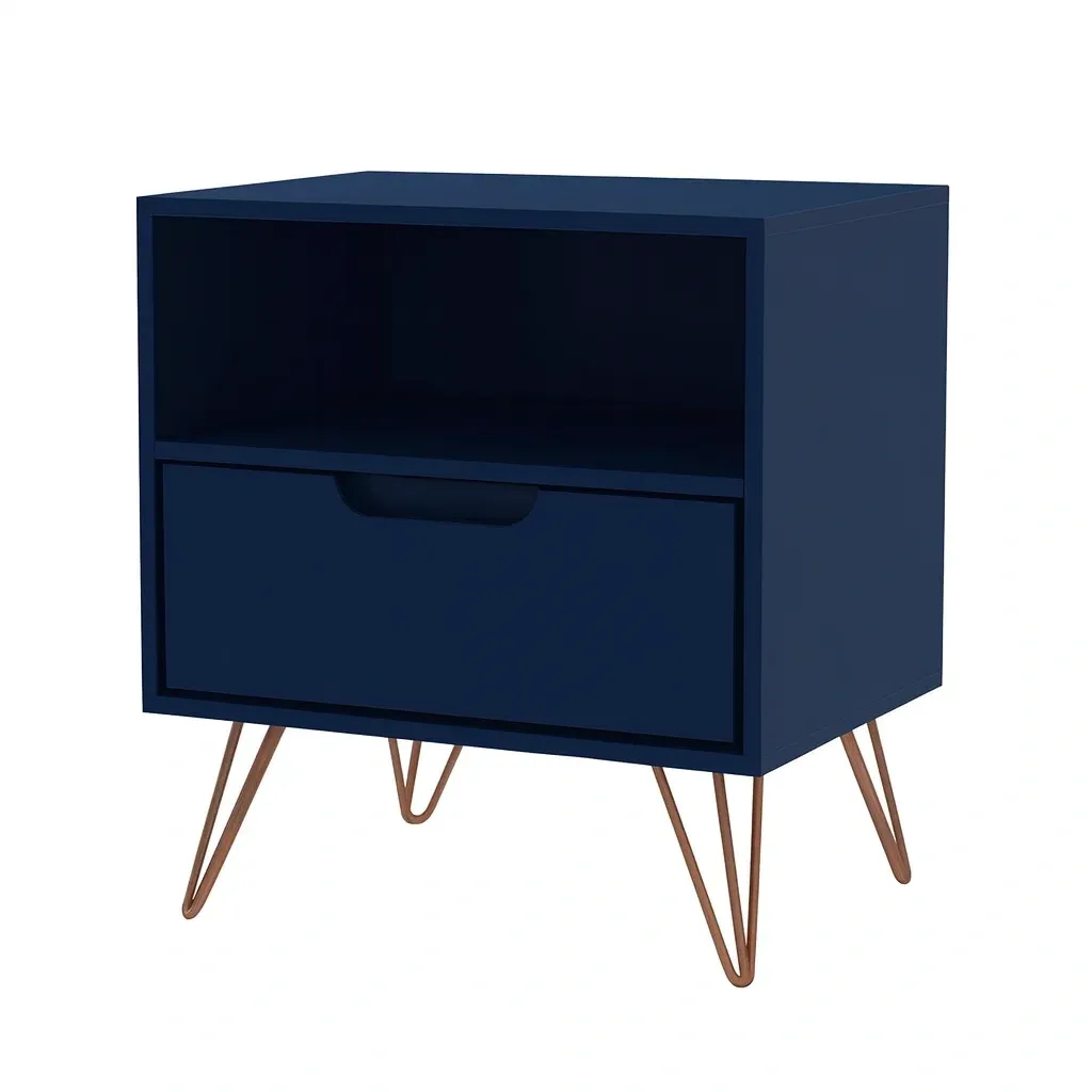 Table de chevet en bois bleu avec tiroir et pieds métalliques-Sofinixx