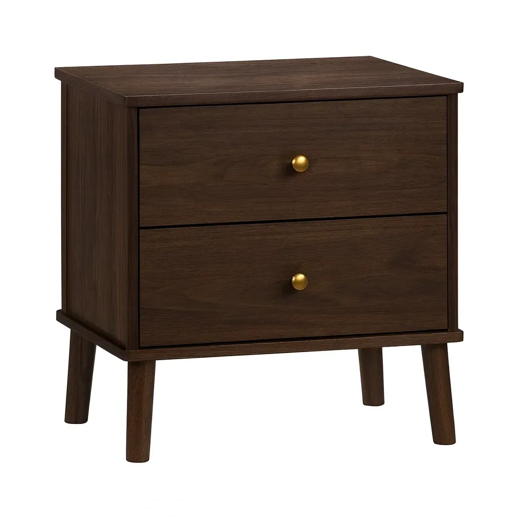 Table de chevet en MDF marron avec deux tiroirs et poignées en métal-Sofinixx