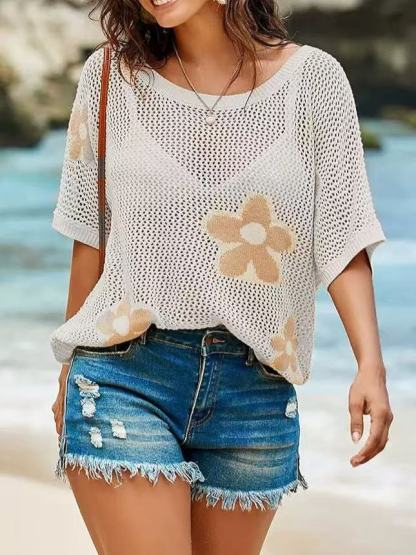 Women’s Crochet Knit Hollow Out Cover Up – Lightweight Loose Short Sleeve Pullover for Beach, Vacation & Summer Layering Beach Cover Ups