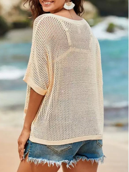 Women’s Crochet Knit Hollow Out Cover Up – Lightweight Loose Short Sleeve Pullover for Beach, Vacation & Summer Layering Beach Cover Ups