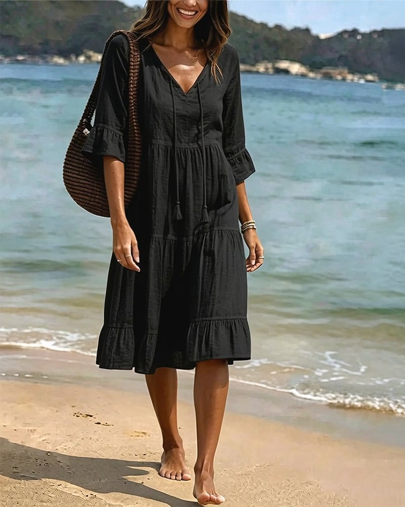 Flared Half Sleeve Tie Waist Dress