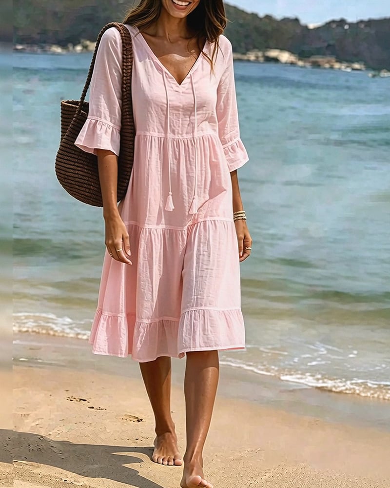 Flared Half Sleeve Tie Waist Dress