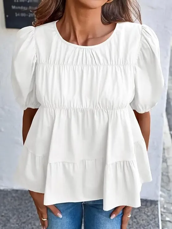 Tiered Round Neck Puff Sleeve Ruched Blouse