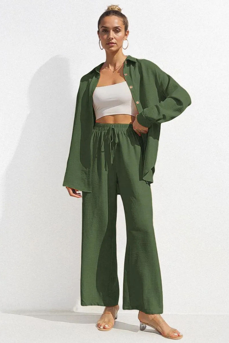Basic Collared Long Sleeve Shirt & Drawstring Waist Trousers Co-ord