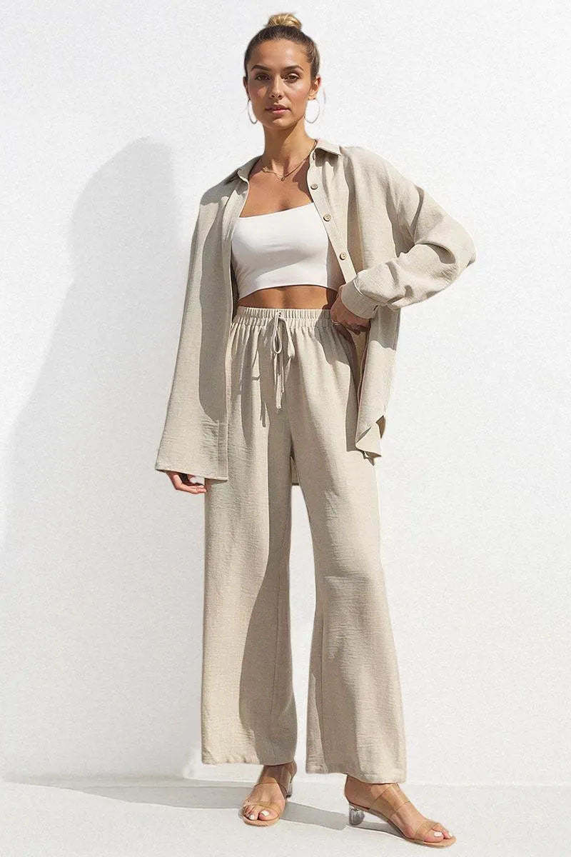 Basic Collared Long Sleeve Shirt & Drawstring Waist Trousers Co-ord