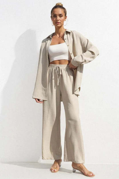 Basic Collared Long Sleeve Shirt & Drawstring Waist Trousers Co-ord