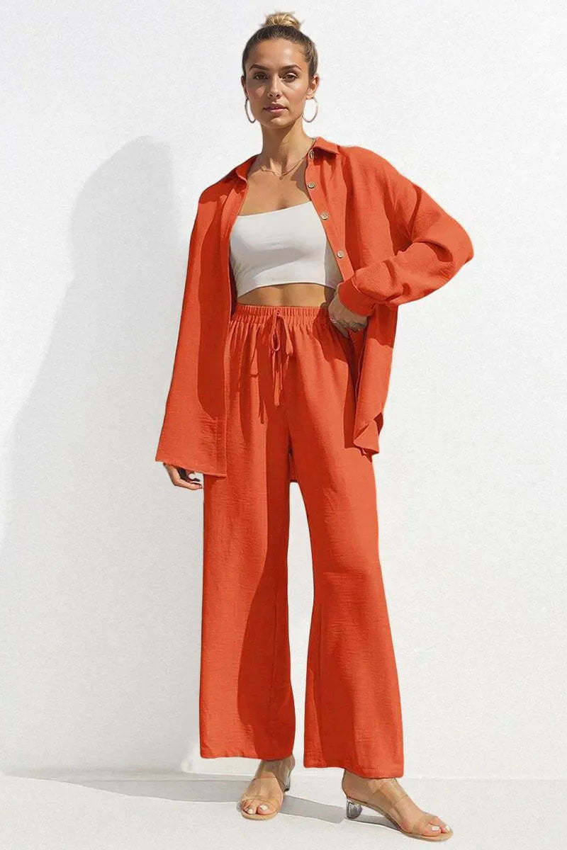 Basic Collared Long Sleeve Shirt & Drawstring Waist Trousers Co-ord