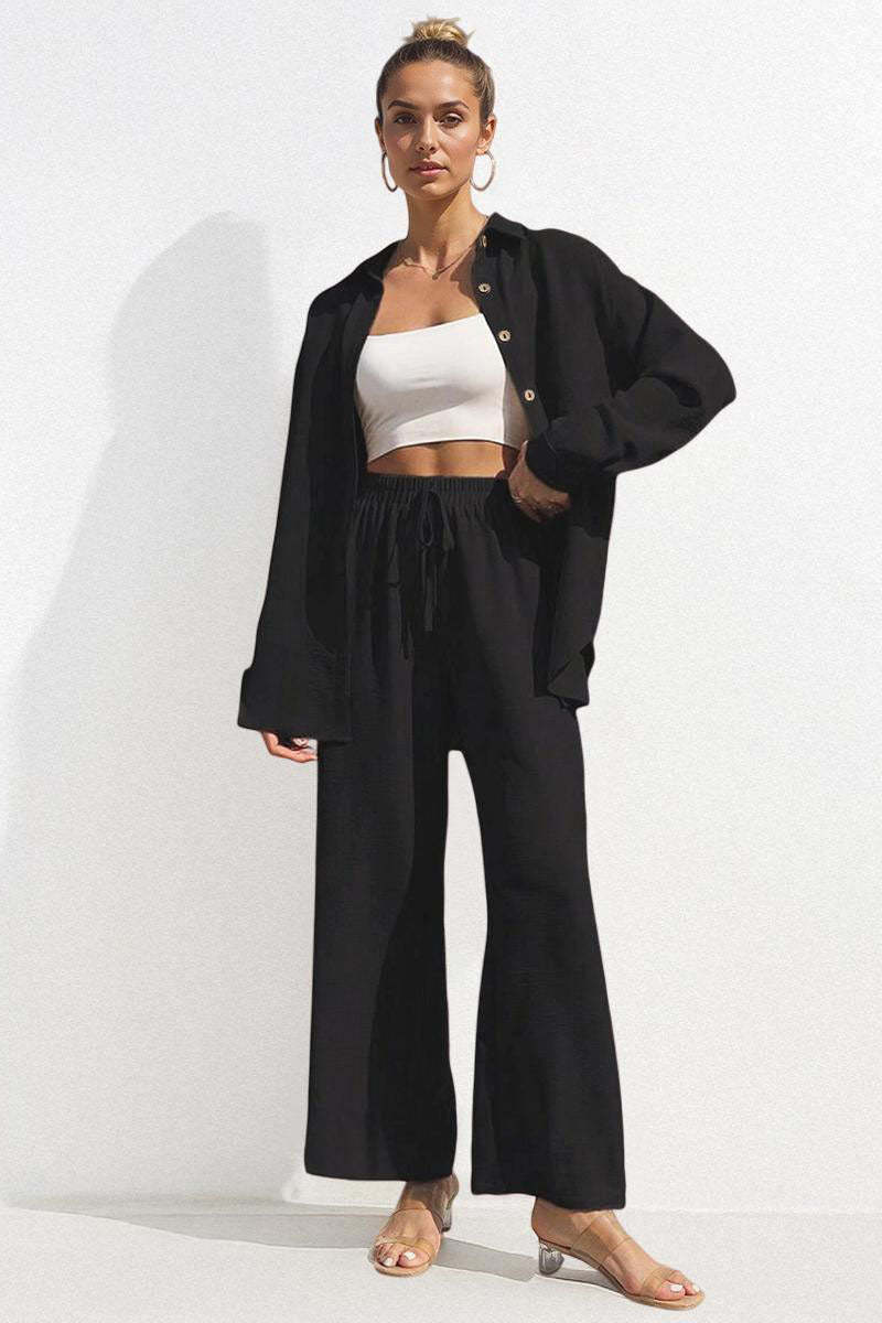 Basic Collared Long Sleeve Shirt & Drawstring Waist Trousers Co-ord