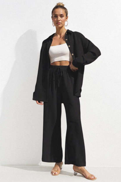 Basic Collared Long Sleeve Shirt & Drawstring Waist Trousers Co-ord