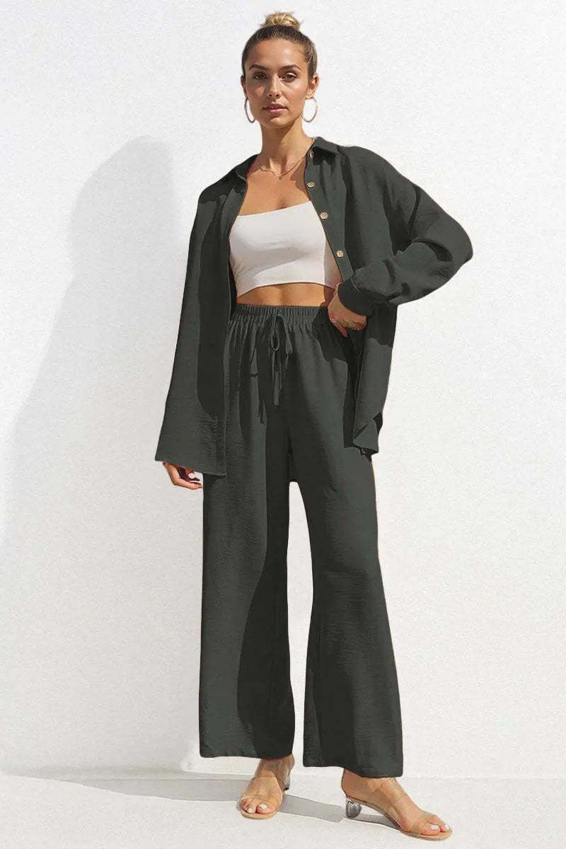 Basic Collared Long Sleeve Shirt & Drawstring Waist Trousers Co-ord