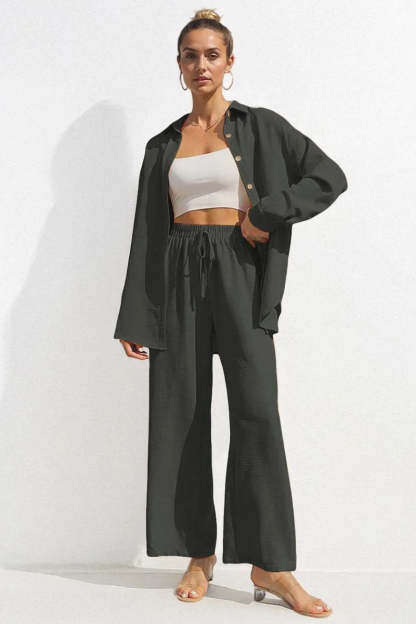 Basic Collared Long Sleeve Shirt & Drawstring Waist Trousers Co-ord