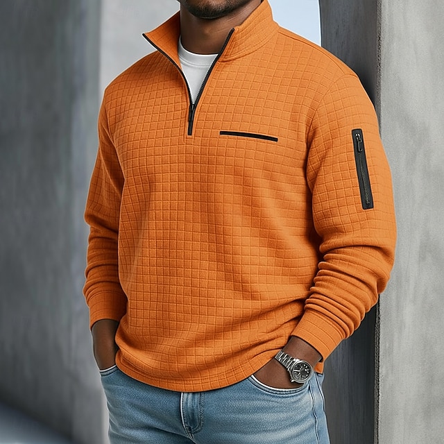 Men's Waffle Polo Shirts Textured Sports & Outdoor Casual Quarter Zip Long Sleeve Fashion Comfortable Zip Up Pocket Spring