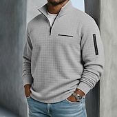 Men's Waffle Polo Shirts Textured Sports & Outdoor Casual Quarter Zip Long Sleeve Fashion Comfortable Zip Up Pocket Spring